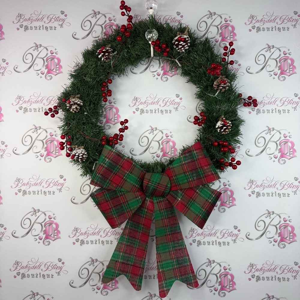 Wreath light up Festive Holiday Wreath acorns Red and Green Plaid Bow lights